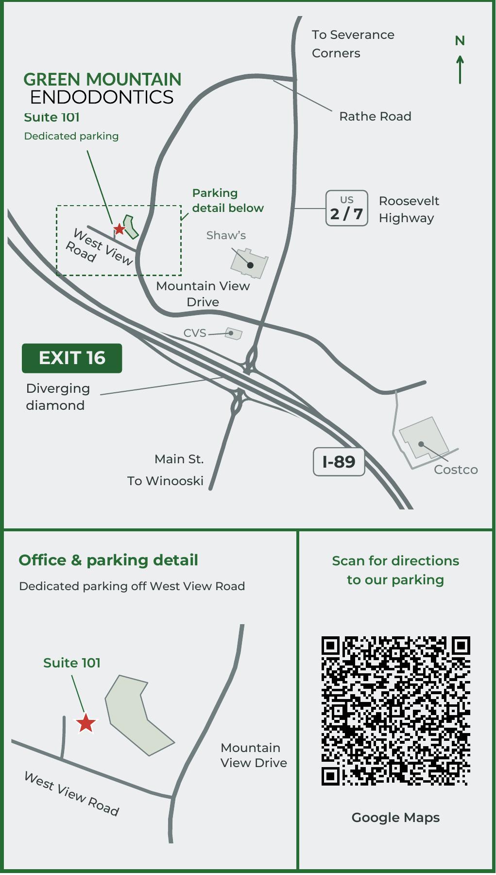 Directions to 463 Mountain View Drive, Suite 101, Colchester, with dedicated parking off West View Road